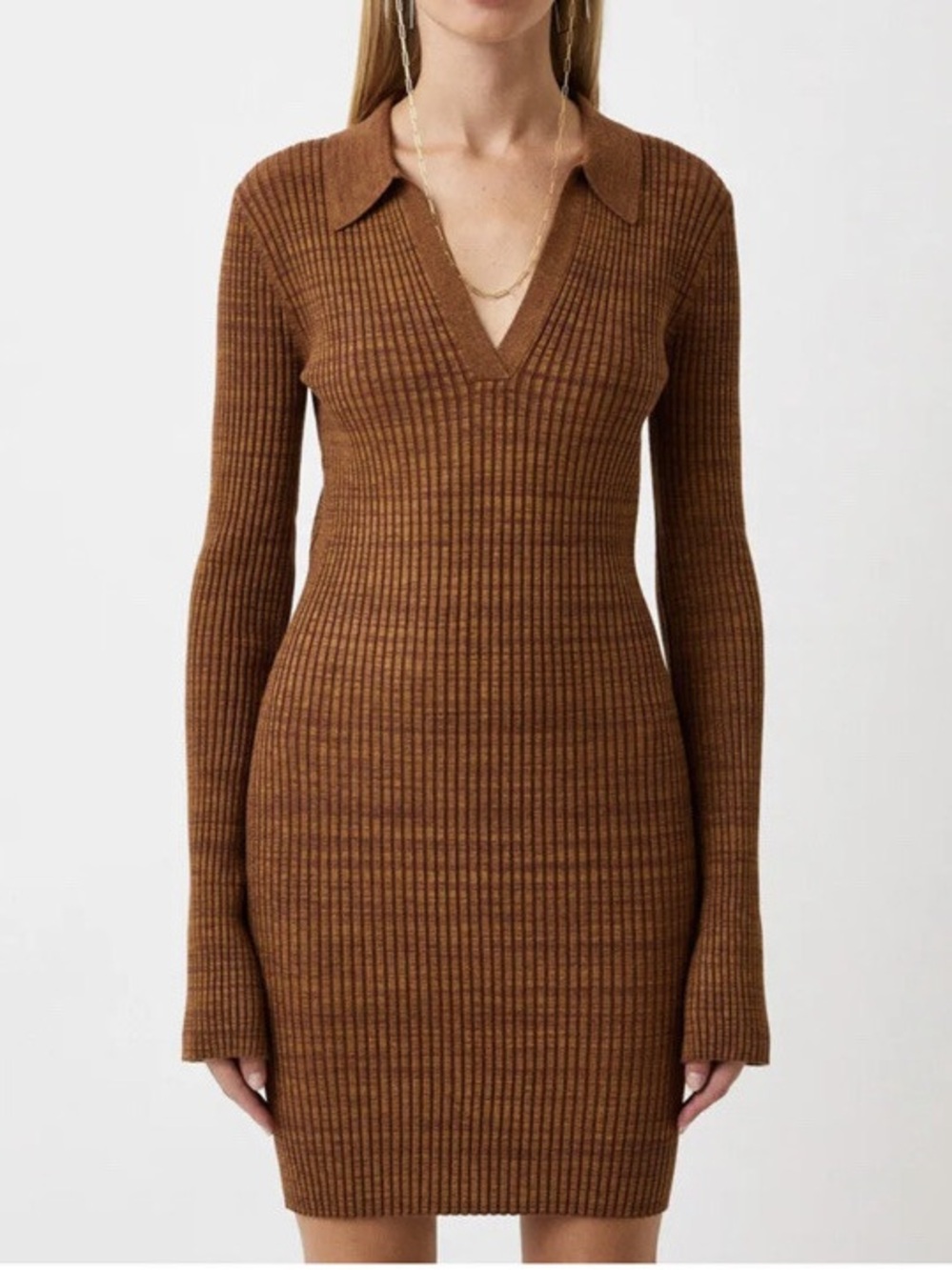 Helmut Lang Women’s Marl Pecan Brown Ribbed Knit Long Sleeve Polo Mini Dress M